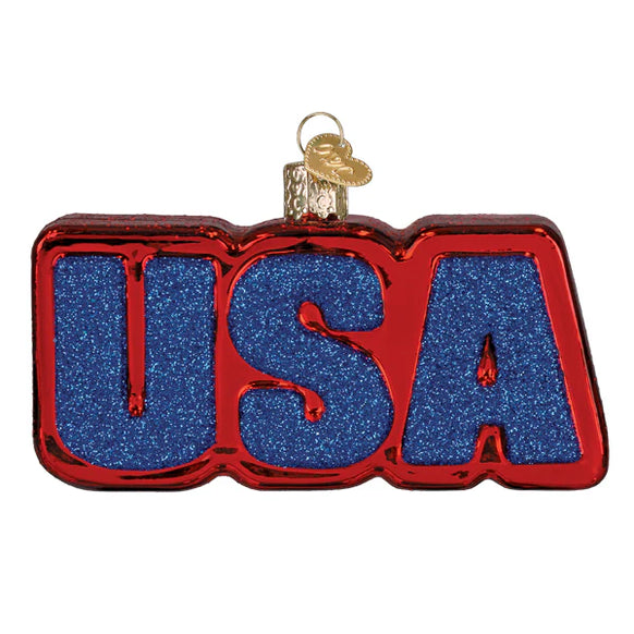 Decorative ornament with 'USA' in red and blue on a white background