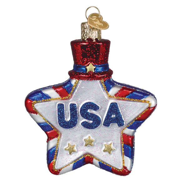 Star-shaped ornament with 'USA' text and American flag colors on a white background
