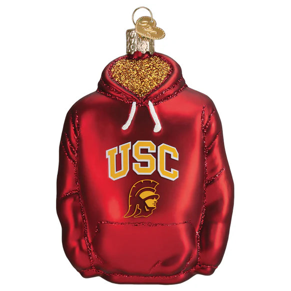 Red hoodie ornament with 'USC' and Trojan logo on a white background