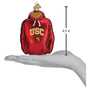 Red hoodie ornament with 'USC' and Trojan logo, shown on a hand for scale.