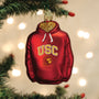 Red hoodie ornament with USC logo on a Christmas tree