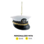 Personalized U.S. Navy officer cap ornament with white top, black brim, gold band, emblem detail, and gold hanging cord.