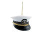 Personalized U.S. Navy officer cap ornament with white top, black brim, gold band, emblem detail, and gold hanging cord.