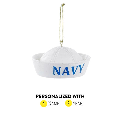 Personalized U.S. Navy sailor hat ornament with white cap, blue NAVY lettering, and gold hanging cord.