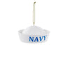 Personalized U.S. Navy sailor hat ornament with white cap, blue NAVY lettering, and gold hanging cord.