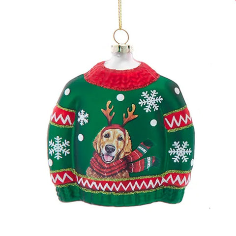 Christmas ornament with a dog on a sweater and reindeer hat on a white background