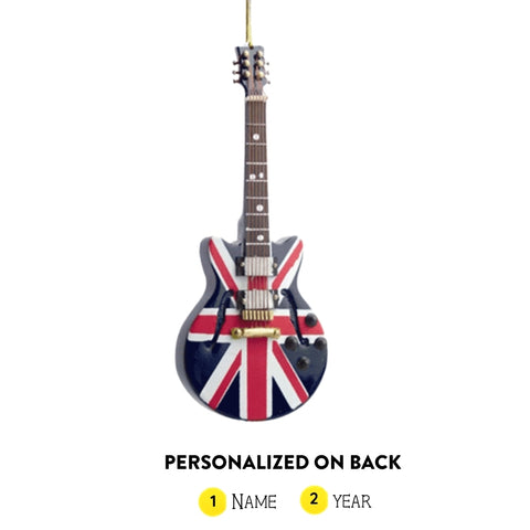 Personalized Union Jack flag electric guitar ornament with name and year added on the back