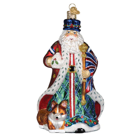 Decorative United Kingdom Christmas ornament of a Santa Claus figure with a dog on a white background