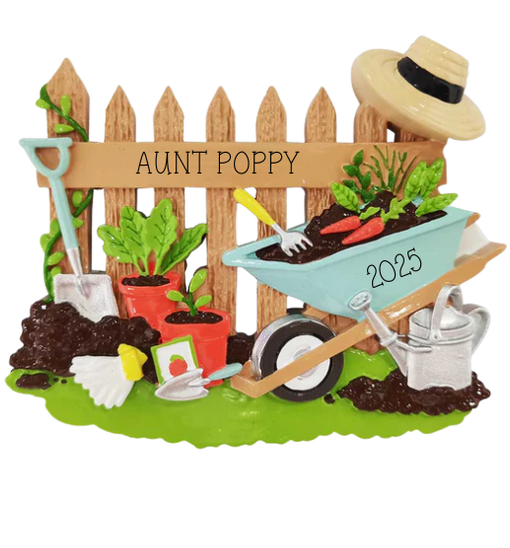 Gardening Ornament with Fence, Wheelbarrow, and Tools