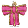Pink bow ornament with gold accents on a white background back of ornament