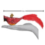 Red cardinal bird ornament with feathered tail held in a hand, measurement label on white background