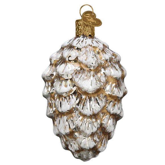 Decorative glass vintage pine cone ornament with gold accents on a white background