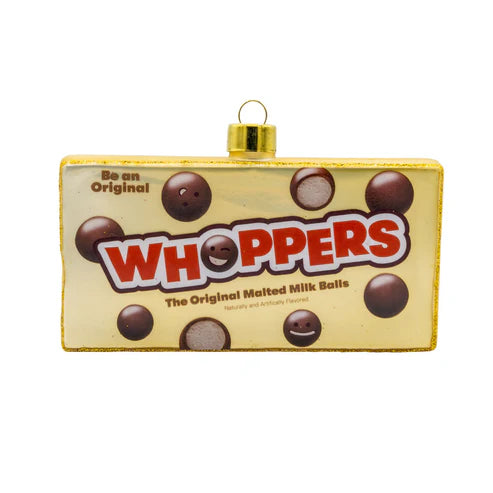Glass WHOPPERS candy box ornament for candy lovers, movie snack fans, and food-themed trees. A playful gift with sweet classic style.