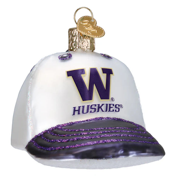 Glass ornament shaped like a cap with 'Huskies' logo on a white background