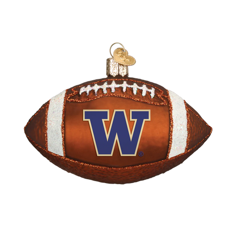 Glass football ornament with 'W' logo on a white background