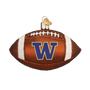 Glass football ornament with 'W' logo on a white background