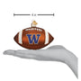 Football-shaped ornament with 'W' logo on a hand for scale, showing it is 4 inches in size.
