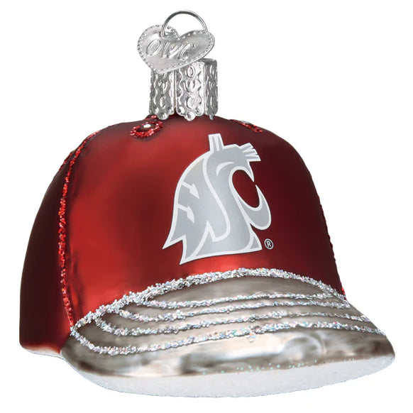 Washington State Red baseball Cap ornament with a white logo on a white background
