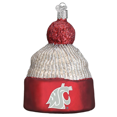 Decorative ornament shaped like a beanie with red and white colors and a logo on a white background