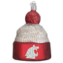 Decorative ornament shaped like a beanie with red and white colors and a logo on a white background