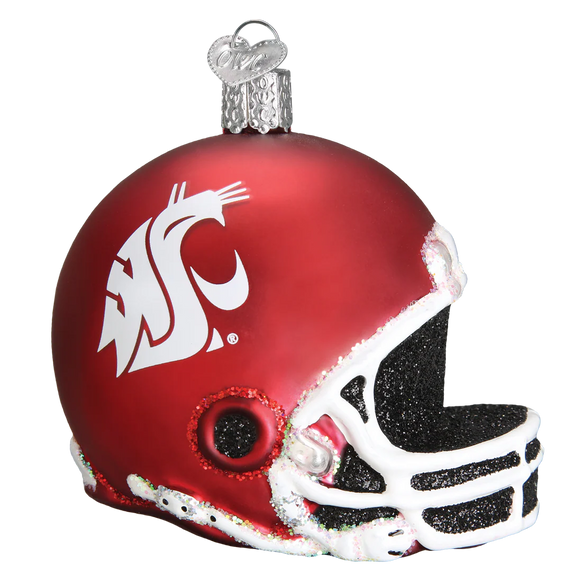 Washington State Red football helmet ornament with white logo on a white background