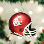 Washington State Red football helmet ornament with white logo on a Christmas tree.