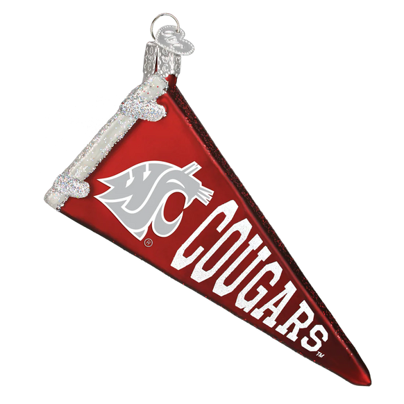 Red and white pennant ornament with 'Cougars' text and logo on a white background