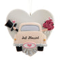 Wedding Getaway Car Heart Ornament featuring a classic just married car with wedding bells, pink roses, and a heart-shaped backdrop.