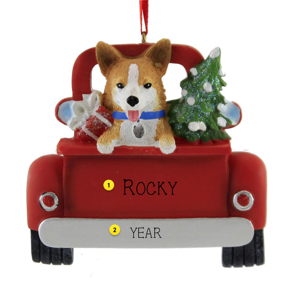 Personalized Welsh Corgi Dog in Back of a vintage Truck Ornament