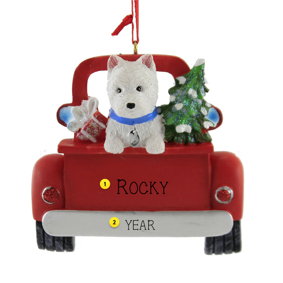 Decorative Christmas ornament with a westie dog in a red truck, can be personalized.
