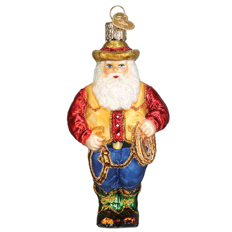 Decorative Christmas ornament of a cowboy Santa Claus on a white background