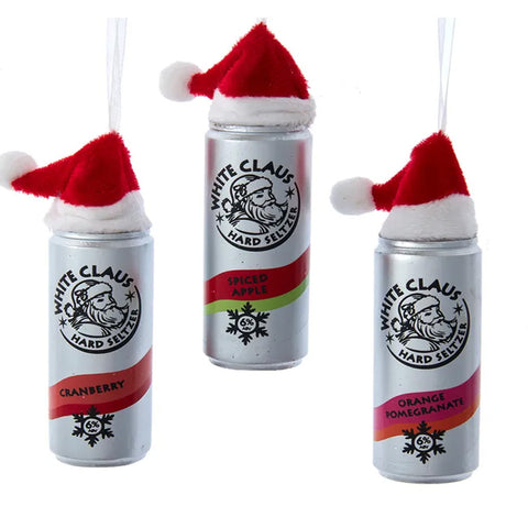 Personalized White Claus Seltzer With Santa Hat Ornaments
