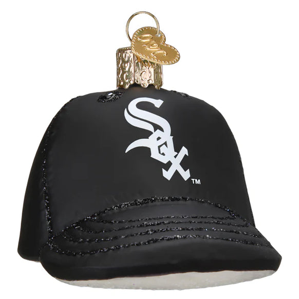 Black baseball cap ornament with a White Sox logo on a white background