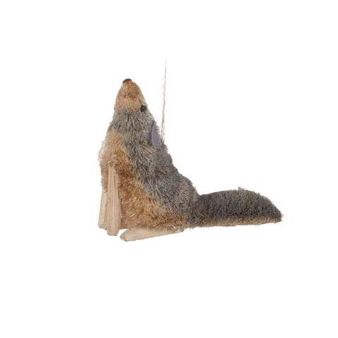 Wolf buri ornament with gray textured bristle body, tan face, seated pose, tail detail, and rustic hanging loop.