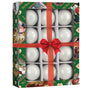 Boxed Old World Christmas Wonderland Balls 12-count ornament set with 1.5" mini white round ornaments in a festive green gift-style package.