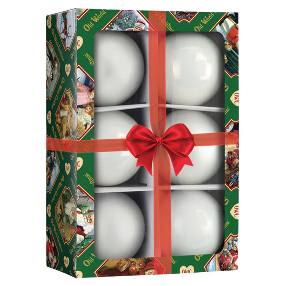 Boxed Old World Christmas Wonderland Balls 6-count ornament set with 3.5" white round ornaments in a festive green gift-style package.