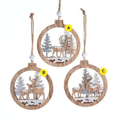 Round wooden reindeer ornaments in three layered woodland styles with trees, snowy accents, and rustic hanging cords.