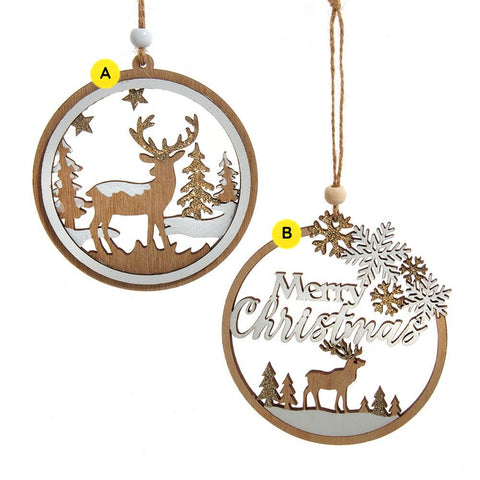 Round wooden Christmas scene ornaments with laser-cut deer, trees, snowflakes, white accents, and glittered details, shown in two assorted styles.