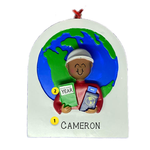 World Traveler Christmas Ornament Personalized and Dated Male with brown skin tone