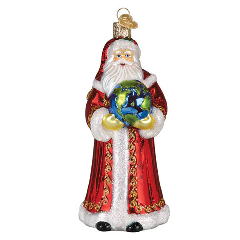 Decorative ornament of Santa Claus holding a globe on a white background