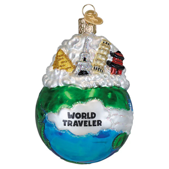 Decorative ornament shaped like a globe with world landmarks and 'World Traveler' text on a white background.