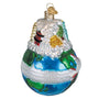 Decorative ornament shaped like a globe with world landmarks and 'World Traveler' text on a white background. Side View