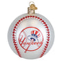 Baseball-shaped ornament with Yankees logo on a white background