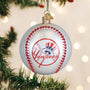 Baseball-shaped ornament with Yankees logo on a Christmas tree