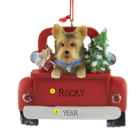 Personalized Yorkie Dog in Back of Truck Ornament with tree and gift