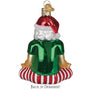 Glass ornament of a meditating Santa on a white background back view
