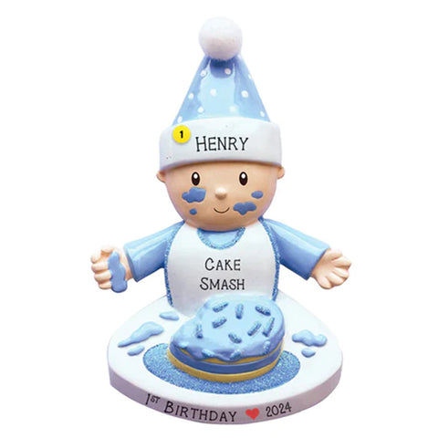 Dated for 2024 Baby Boy's 1st Birthday Cake Smash Personalized Ornament