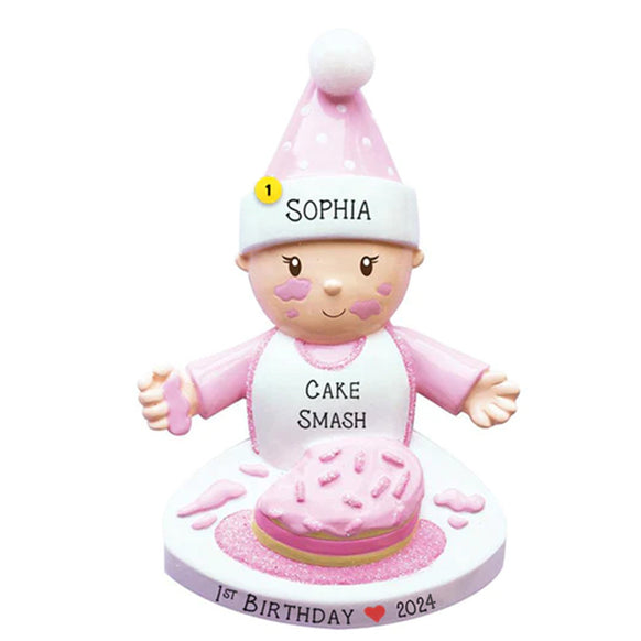 Dated for 2024 Baby Girl's 1st Birthday Cake Smash Personalized Ornament