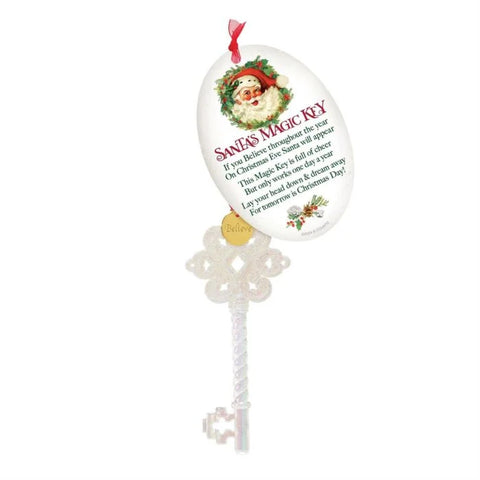 Santa’s Magic Key ornament with glittery decorative key, Believe charm, red ribbon, and poem tag featuring Santa’s face and Christmas message.