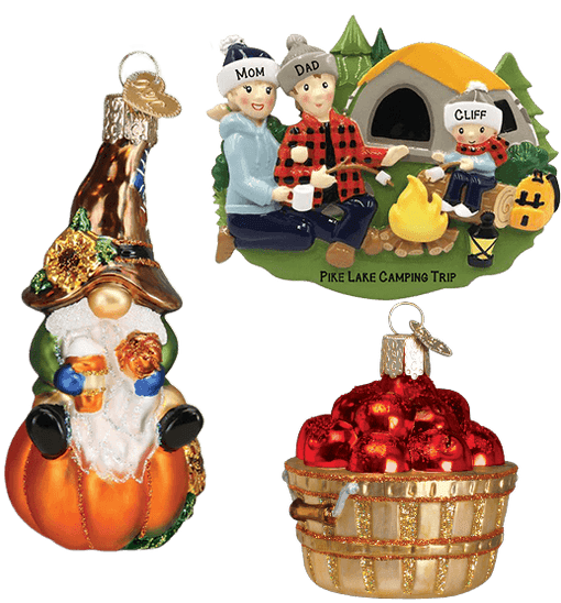 Fall Themed Ornaments including New for 2024 Fall Gnome sitting on Pumpkin from Old World Christmas, glass apple bushel, and family of three camping personalized ornament 